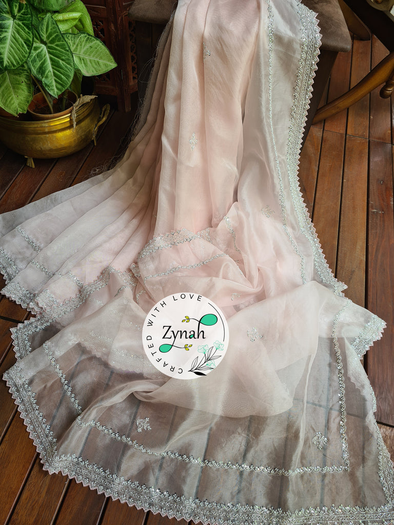 Zynah Light Pink Color Pure Organza Silk Saree with Sequence, Pearls & Cut-dana Work; Custom Stitched/Ready-made Blouse, Fall, Petticoat; Shipping available USA, Worldwide