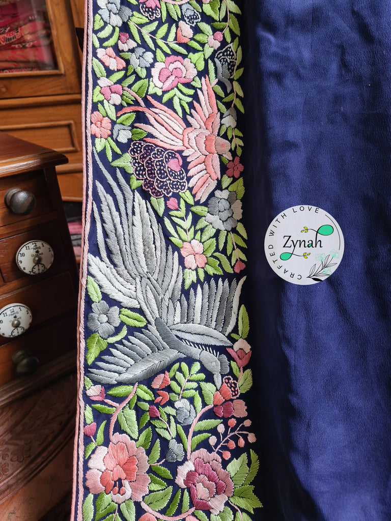 Zynah Blue Color Made to Order Pure Crepe Silk Parsi Gara Handcrafted Saree; Custom Stitched/Ready-made Blouse, Fall, Petticoat; Shipping available USA, Worldwide