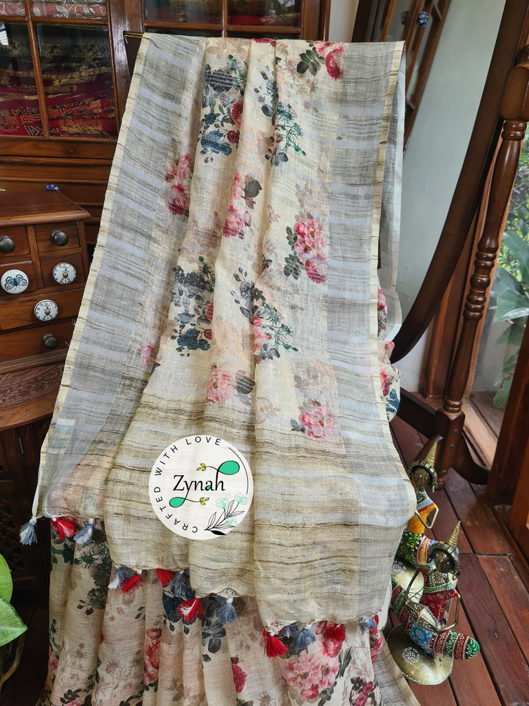 Zynah Off-white Color Organic Pure Linen by Linen(120c) Saree with Digital Floral Prints & Zari Border; Custom Stitched/Ready-made Blouse, Fall, Petticoat; Shipping available USA, Worldwide