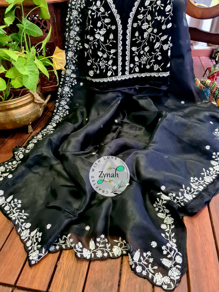 Zynah Black Color Pure Organza Silk Saree with Sequence & Cut-dana Work; Custom Stitched/Ready-made Blouse, Fall, Petticoat; Shipping available USA, Worldwide
