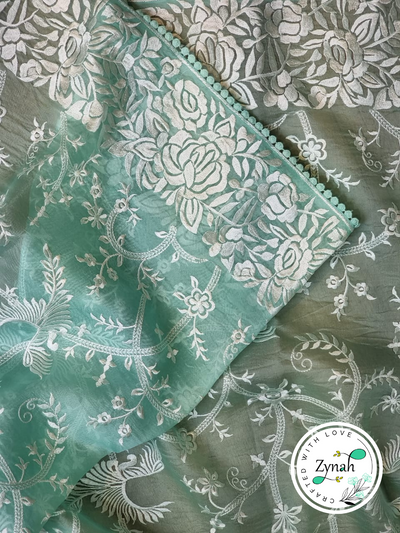 Zynah Turquoise Blue Color Pure Organza Silk Saree with Parsi Gara Inspired Embroidery & Crochet Lace; Custom Stitched/Ready-made Blouse, Fall, Petticoat; Shipping available USA, Worldwide