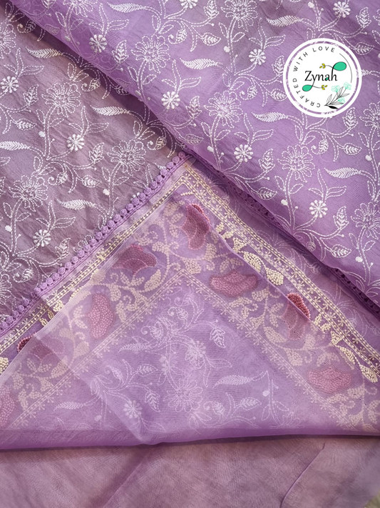 Zynah Violet Color Pure Organza Silk Chikankari Embroidery Saree with Crochet Lace in Pastel Shades; Available in many colors; stitched readymade blouse,fall,petticoat,available in USA