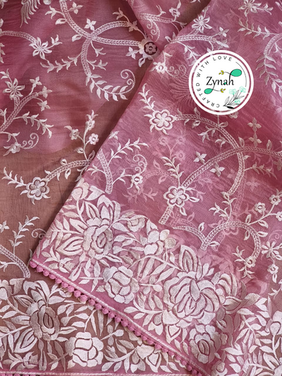 Zynah Pink Color Pure Organza Silk Saree with Parsi Gara Inspired Embroidery & Crochet Lace; Custom Stitched/Ready-made Blouse, Fall, Petticoat; Shipping available USA, Worldwide