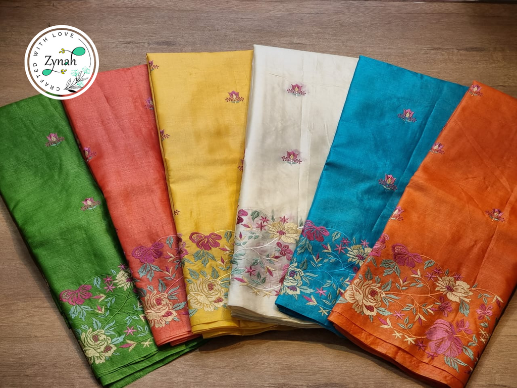 Zynah Off-White Color Pure Tussar Silk Embroidered Saree with Vibrant Tassels; Custom Stitched/Ready-made Blouse, Fall, Petticoat; Shipping available USA, Worldwide