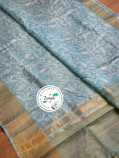 Zynah Sky Blue Color Pure Tussar Kota Silk Saree with Heavy Chikankari Embroidery With Double Ghiccha Pallu and Heavy Tassels; Custom Stitched/Ready-made Blouse, Fall, Petticoat; Shipping available USA, Worldwide