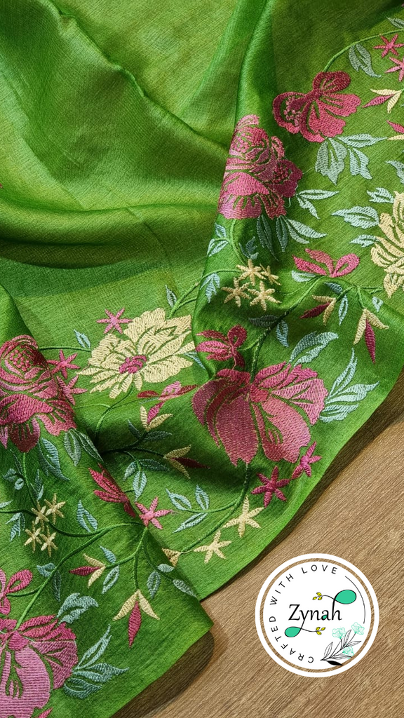 Zynah Green Color Pure Tussar Silk Embroidered Saree with Vibrant Tassels; Custom Stitched/Ready-made Blouse, Fall, Petticoat; Shipping available USA, Worldwide