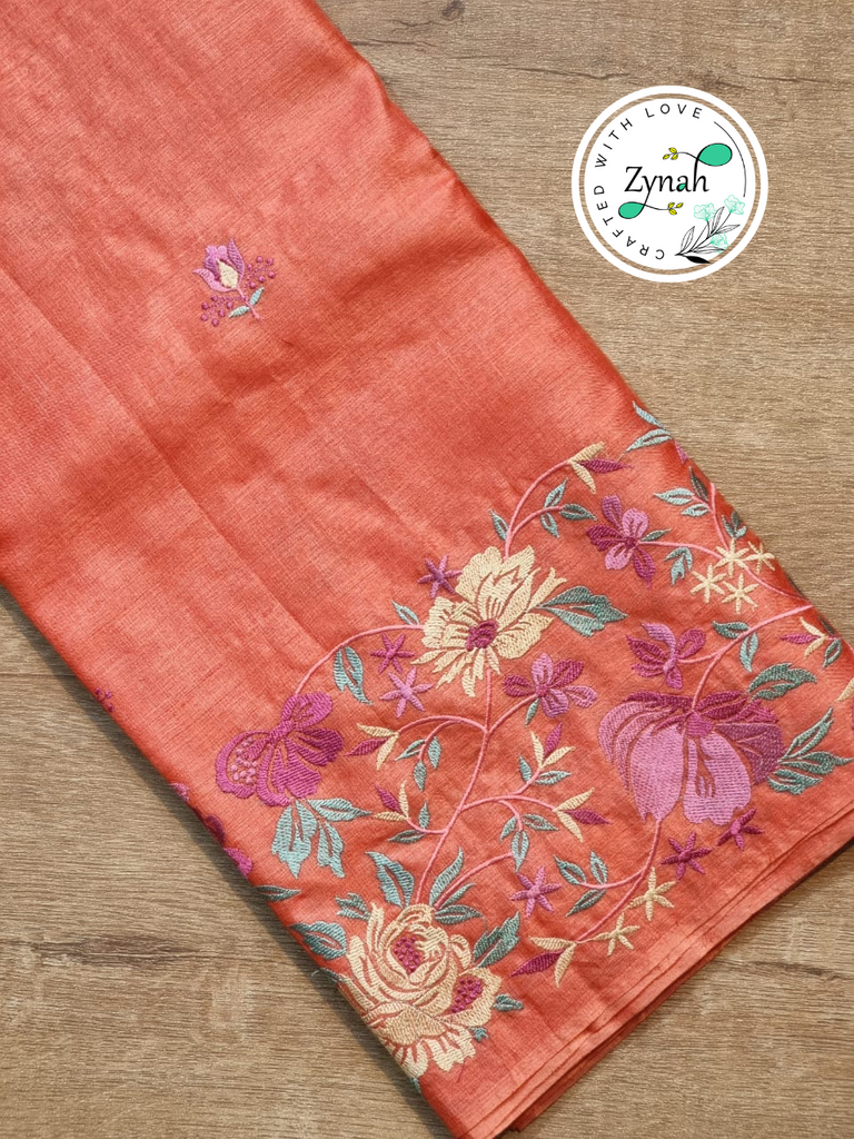 Zynah Pink Color Pure Tussar Silk Embroidered Saree with Vibrant Tassels; Custom Stitched/Ready-made Blouse, Fall, Petticoat; Shipping available USA, Worldwide