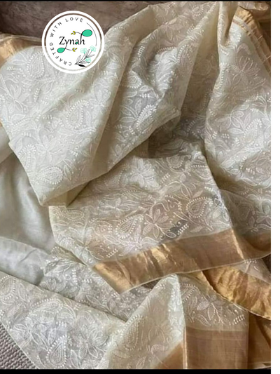 Zynah Off-White Color Pure Tussar Kota Silk Saree with Heavy Chikankari Embroidery With Double Ghiccha Pallu and Heavy Tassels; Custom Stitched/Ready-made Blouse, Fall, Petticoat; Shipping available USA, Worldwide
