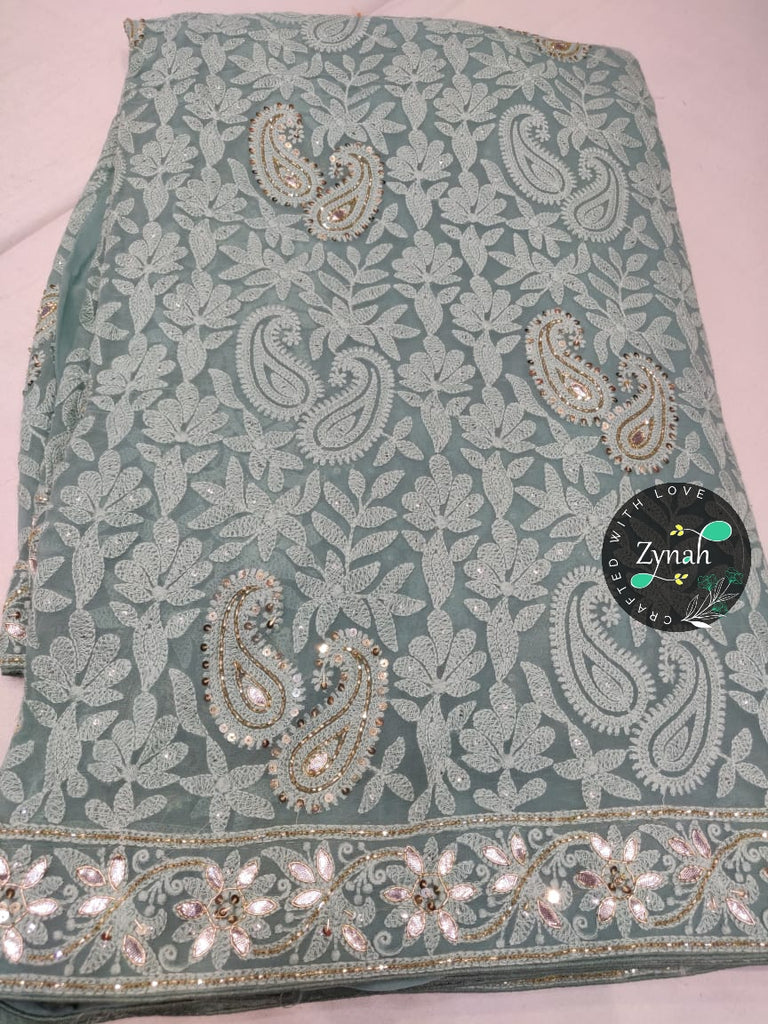 Zynah Pure Georgette Saree, Chikankari with Gotapatti Cut-work; Custom Stitched/Ready-made Blouse, Fall, Petticoat; Shipping available USA, Worldwide