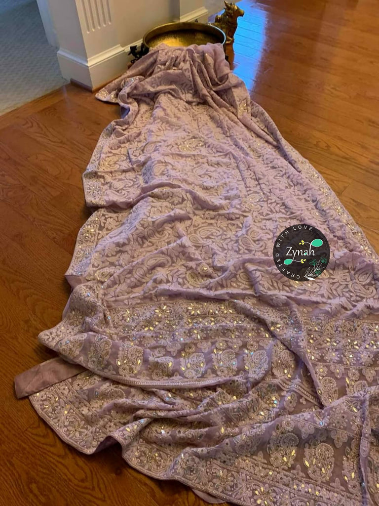 Zynah Pure Georgette Saree, Chikankari with Gotapatti Cut-work; Custom Stitched/Ready-made Blouse, Fall, Petticoat; Shipping available USA, Worldwide