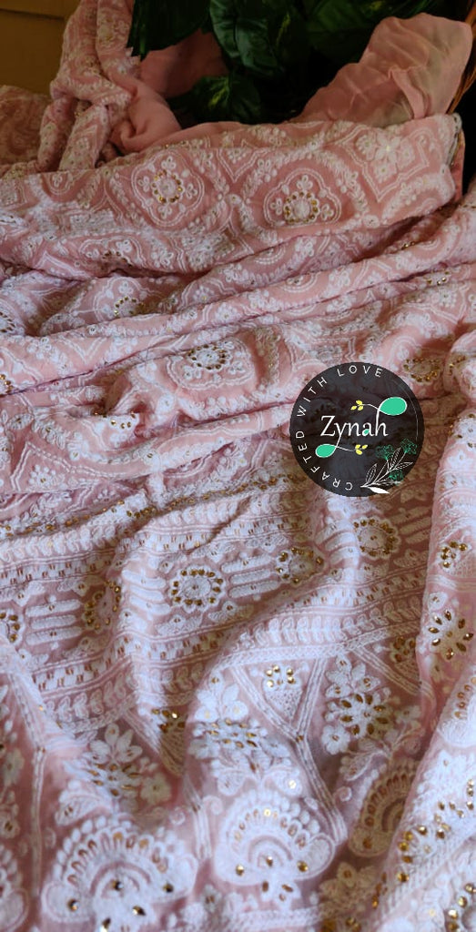 Zynah Pure Georgette Chikankari Saree with Sequence work; Custom Stitched/Ready-made Blouse, Fall, Petticoat; Shipping available USA, Worldwide