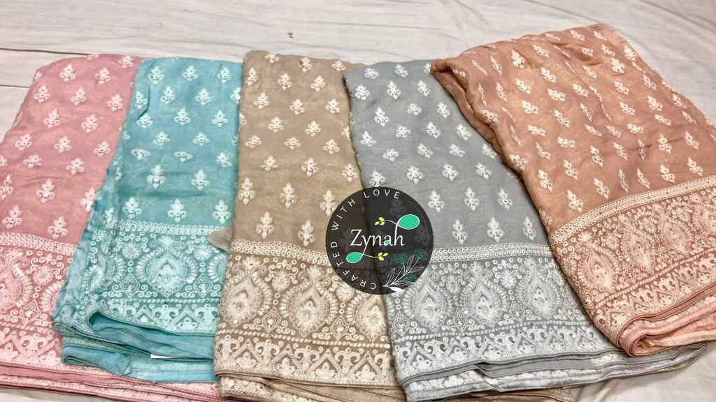 Zynah Pure Georgette Saree with Chikankari & Sequence work; Custom Stitched/Ready-made Blouse, Fall, Petticoat; Shipping available USA, Worldwide