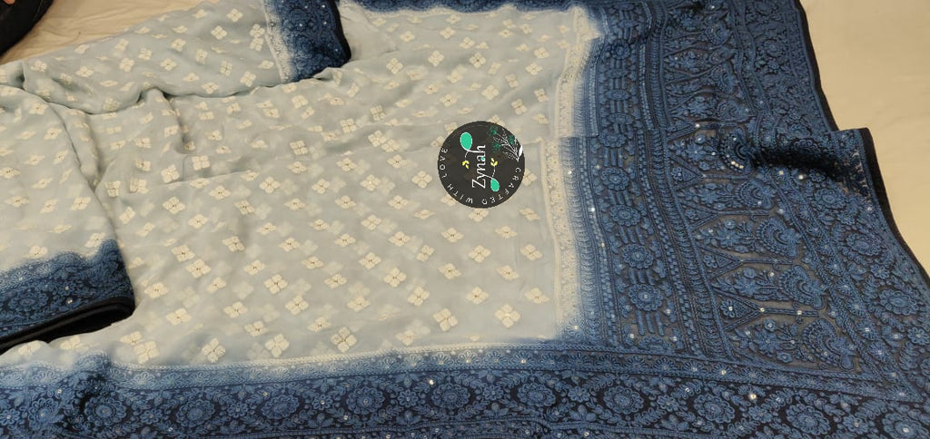 Zynah Pure Georgette Double-shaded Chikankari Saree with Sequence work; Custom Stitched/Ready-made Blouse, Fall, Petticoat; Shipping available USA, Worldwide