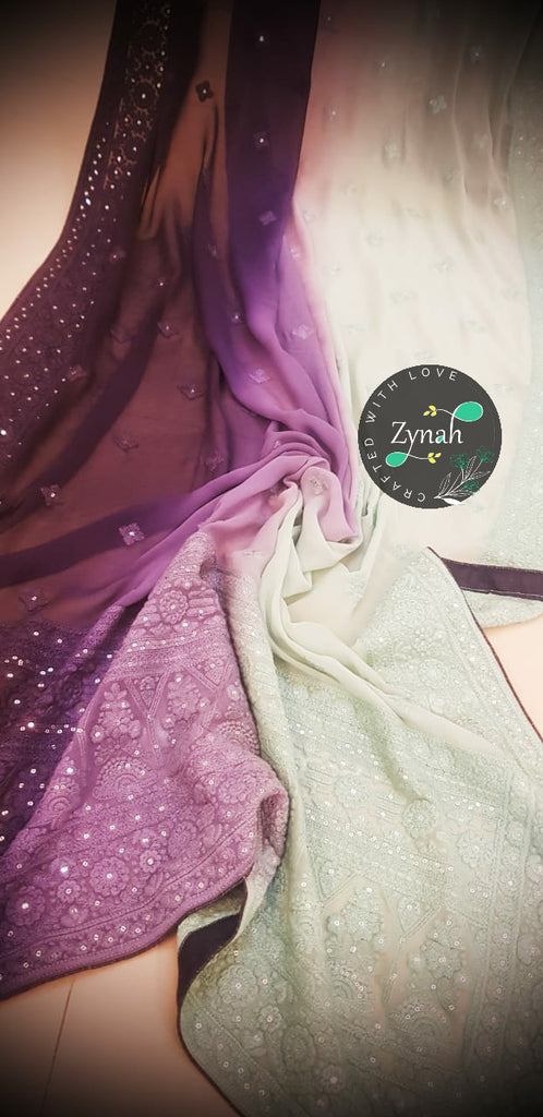 Zynah Pure Georgette Double-shaded Chikankari Saree with Sequence work; Custom Stitched/Ready-made Blouse, Fall, Petticoat; Shipping available USA, Worldwide
