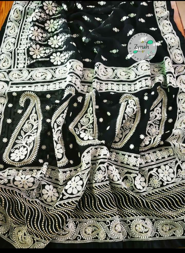 Zynah Pure Georgette Chikankari Saree with Sequence work; Custom Stitched/Ready-made Blouse, Fall, Petticoat; Shipping available USA, Worldwide
