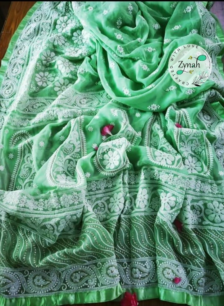 Zynah Pure Georgette Chikankari Saree with Sequence work; Custom Stitched/Ready-made Blouse, Fall, Petticoat; Shipping available USA, Worldwide