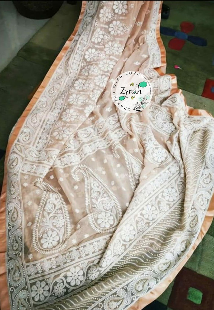 Zynah Pure Georgette Chikankari Saree with Sequence work; Custom Stitched/Ready-made Blouse, Fall, Petticoat; Shipping available USA, Worldwide