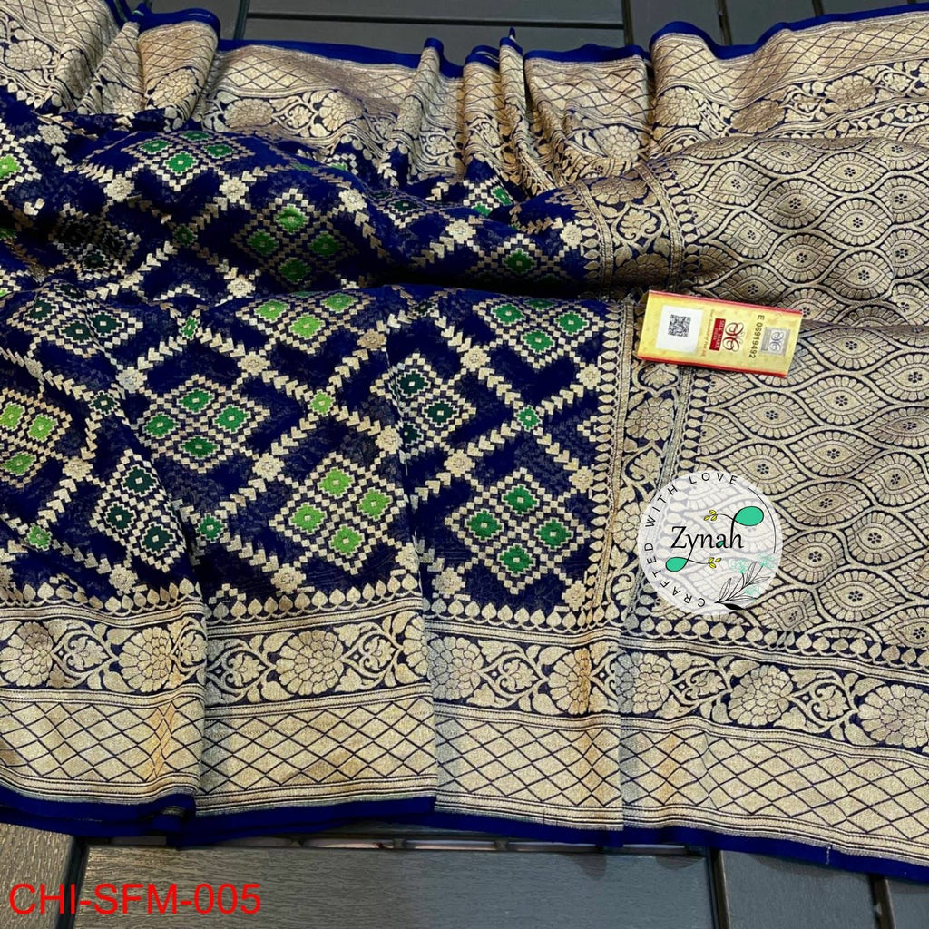 Zynah Pure Khaddi Georgette Meenakari Saree with Golden Zari Weave; Custom Stitched/Ready-made Blouse, Fall, Petticoat; Shipping available USA, Worldwide