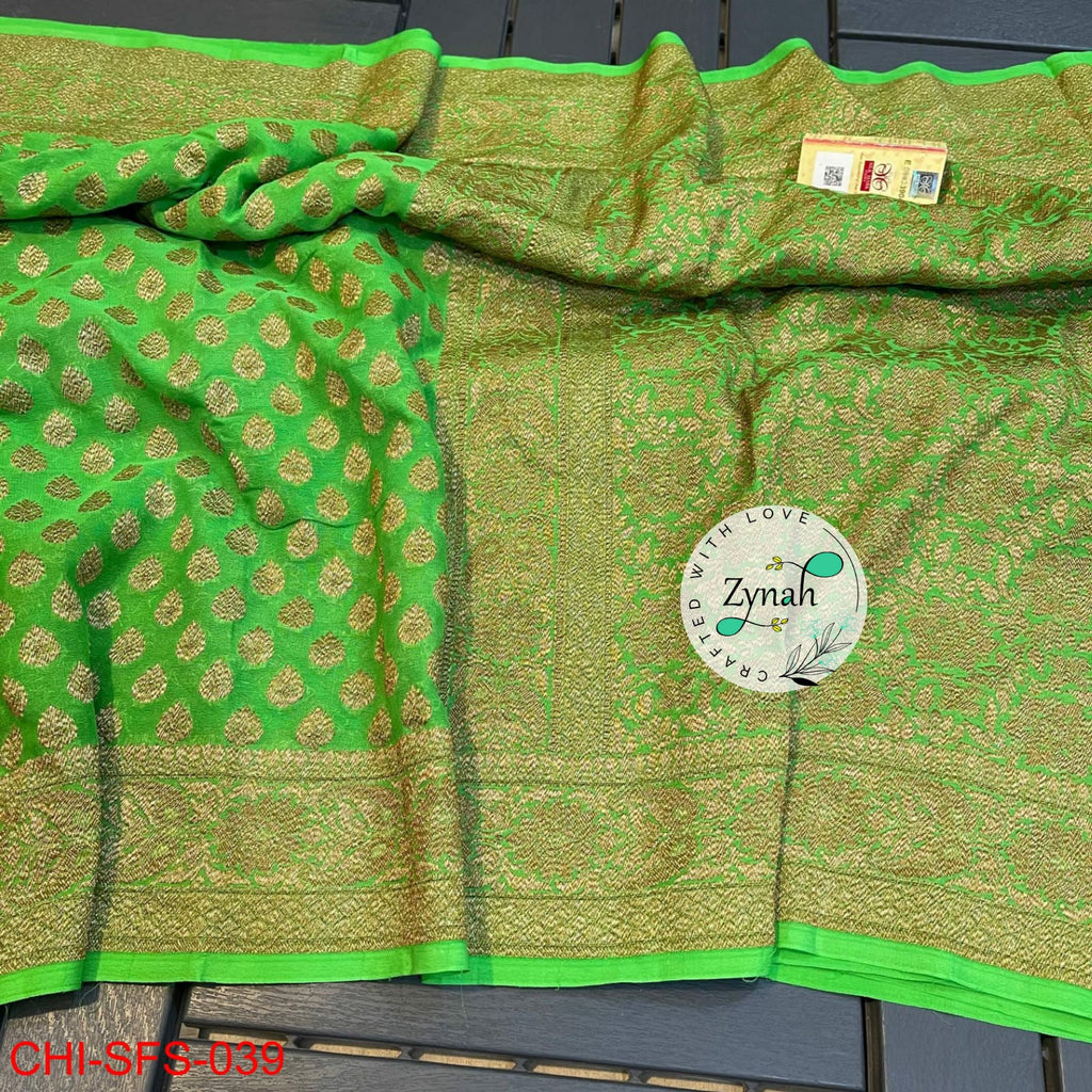 Zynah Pure Khaddi Georgette Saree with Golden Zari Weave; Custom Stitched/Ready-made Blouse, Fall, Petticoat; Shipping available USA, Worldwide