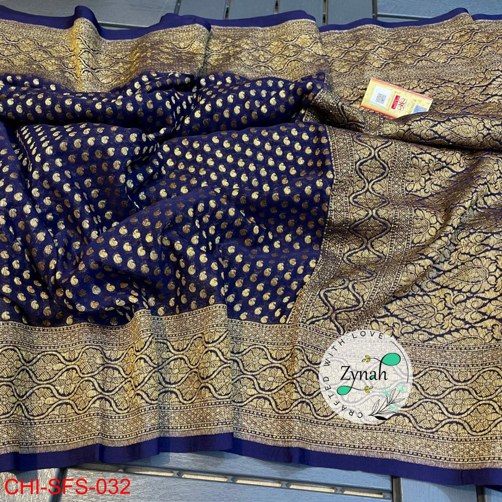 Zynah Pure Khaddi Georgette Saree with Golden Zari Weave; Custom Stitched/Ready-made Blouse, Fall, Petticoat; Shipping available USA, Worldwide