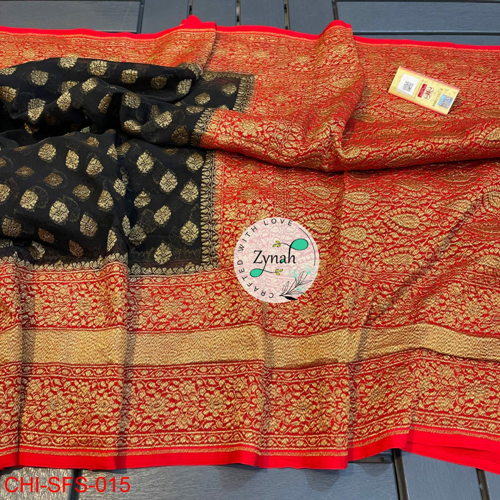 Zynah Pure Khaddi Georgette Saree with Golden Zari; Custom Stitched/Ready-made Blouse, Fall, Petticoat; Shipping available USA, Worldwide