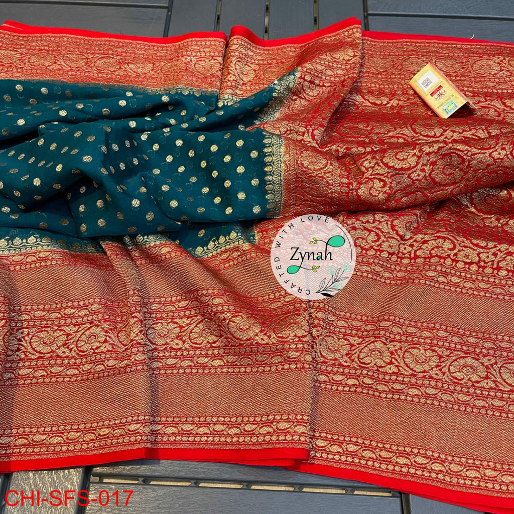 Zynah Pure Khaddi Georgette Saree with Golden Zari; Custom Stitched/Ready-made Blouse, Fall, Petticoat; Shipping available USA, Worldwide