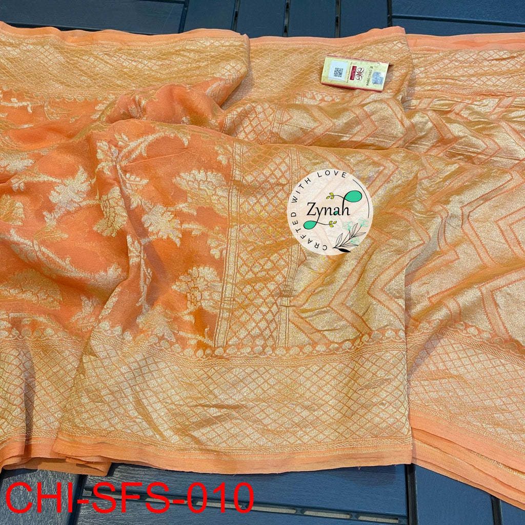 Zynah Pure Khaddi Georgette Saree with Golden Zari Weave; Custom Stitched/Ready-made Blouse, Fall, Petticoat; Shipping available USA, Worldwide