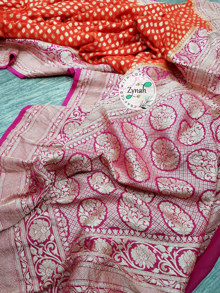 Zynah Pure Khaddi Georgette Saree with Golden Zari Weave; Custom Stitched/Ready-made Blouse, Fall, Petticoat; Shipping available USA, Worldwide