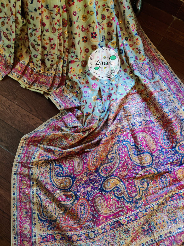 Zynah Pure Kani Silk Cotton Saree with Grand Pallu & Jaal woven body; Custom Stitched/Ready-made Blouse, Fall, Petticoat; Shipping available USA, Worldwide