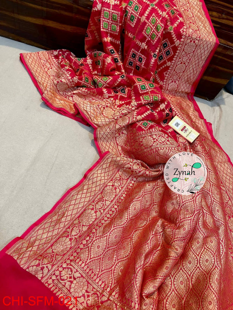 Zynah Pure Khaddi Georgette Meenakari Saree with Golden Zari Weave; Custom Stitched/Ready-made Blouse, Fall, Petticoat; Shipping available USA, Worldwide