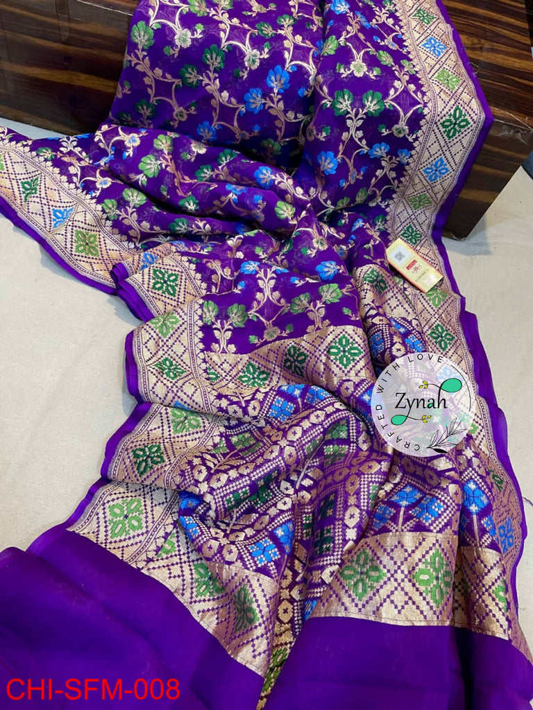 Zynah Pure Khaddi Georgette Meenakari Saree with Golden Zari Weave; Custom Stitched/Ready-made Blouse, Fall, Petticoat; Shipping available USA, Worldwide