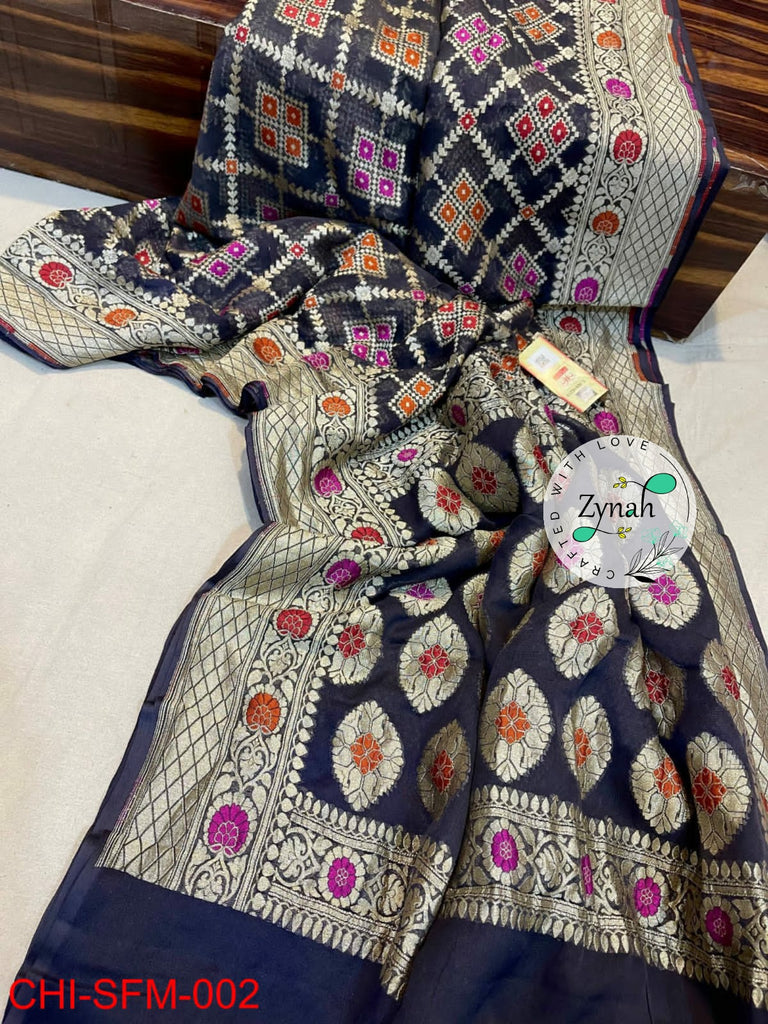 Zynah Pure Khaddi Georgette Meenakari Saree with Golden Zari Weave; Custom Stitched/Ready-made Blouse, Fall, Petticoat; Shipping available USA, Worldwide