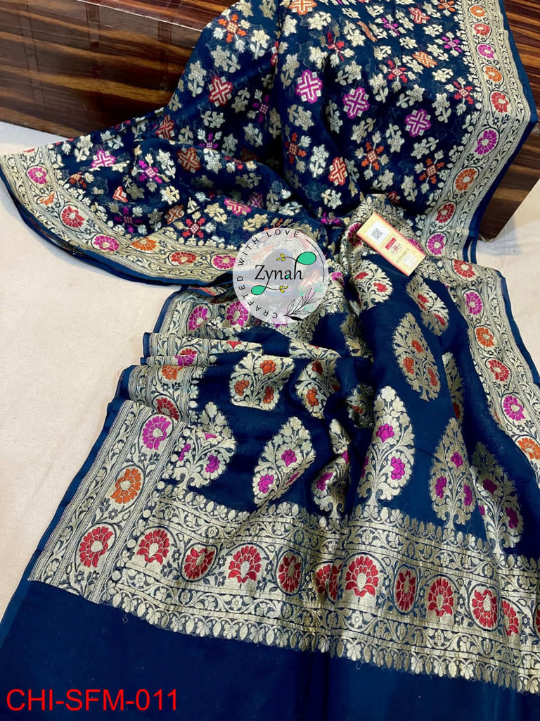 Zynah Pure Khaddi Georgette Meenakari Saree with Golden Zari Weave; Custom Stitched/Ready-made Blouse, Fall, Petticoat; Shipping available USA, Worldwide