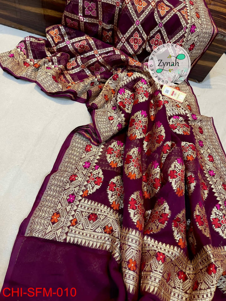 Zynah Pure Khaddi Georgette Meenakari Saree with Golden Zari Weave; Custom Stitched/Ready-made Blouse, Fall, Petticoat; Shipping available USA, Worldwide