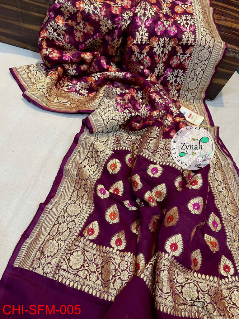 Zynah Pure Khaddi Georgette Meenakari Saree with Golden Zari Weave; Custom Stitched/Ready-made Blouse, Fall, Petticoat; Shipping available USA, Worldwide