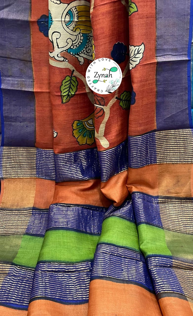 Zynah Pure Tussar Silk Hand-painted Kalamkari Saree; Custom Stitched/Ready-made Blouse, Fall, Petticoat; Shipping available USA, Worldwide