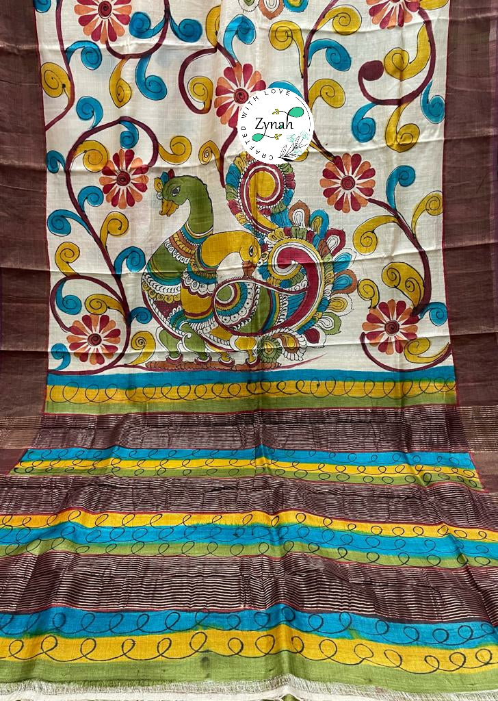 Zynah Pure Tussar Silk Hand-painted Kalamkari Saree; Custom Stitched/Ready-made Blouse, Fall, Petticoat; Shipping available USA, Worldwide