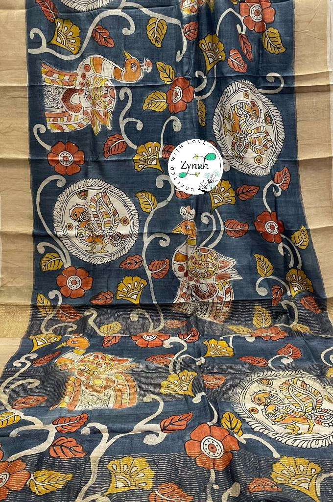 Zynah Pure Tussar Silk Hand-painted Kalamkari Saree; Custom Stitched/Ready-made Blouse, Fall, Petticoat; Shipping available USA, Worldwide
