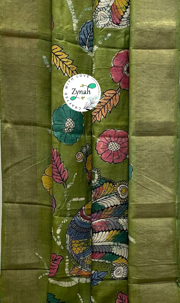Zynah Pure Tussar Silk Hand-painted Kalamkari Saree; Custom Stitched/Ready-made Blouse, Fall, Petticoat; Shipping available USA, Worldwide