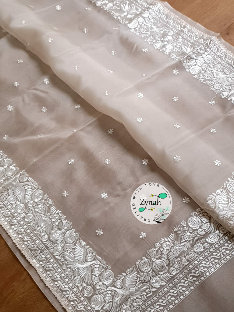 Zynah Pure Organza Silk Saree with Parsi Gara Embroidery & Crochet Lace; Custom Stitched/Ready-made Blouse, Fall, Petticoat; Shipping available USA, Worldwide