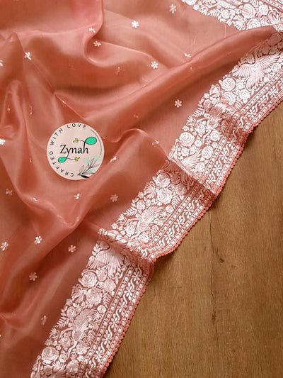 Zynah Pure Organza Silk Saree with Parsi Gara Embroidery & Crochet Lace; Custom Stitched/Ready-made Blouse, Fall, Petticoat; Shipping available USA, Worldwide