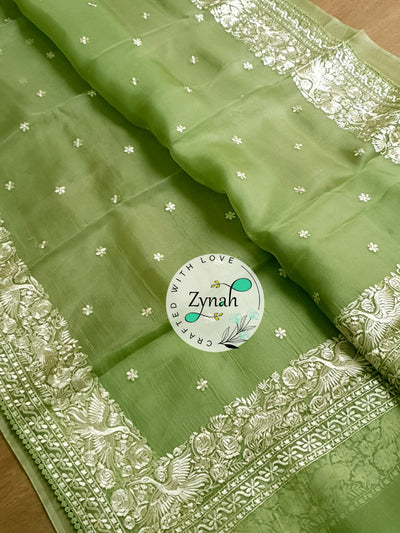 Zynah Pure Organza Silk Saree with Parsi Gara Embroidery & Crochet Lace; Custom Stitched/Ready-made Blouse, Fall, Petticoat; Shipping available USA, Worldwide