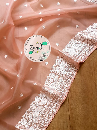 Zynah Pure Organza Silk Saree with Parsi Gara Embroidery & Crochet Lace; Custom Stitched/Ready-made Blouse, Fall, Petticoat; Shipping available USA, Worldwide