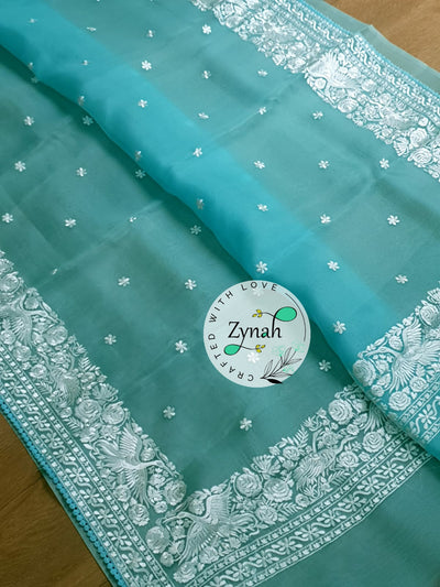 Zynah Pure Organza Silk Saree with Parsi Gara Embroidery & Crochet Lace; Custom Stitched/Ready-made Blouse, Fall, Petticoat; Shipping available USA, Worldwide