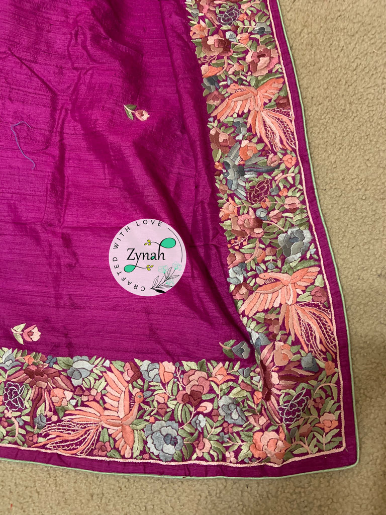 Zynah Pink Color Made to Order Pure Tussar Silk Parsi Gara Handcrafted Saree; Custom Stitched/Ready-made Blouse, Fall, Petticoat; Shipping available USA, Worldwide