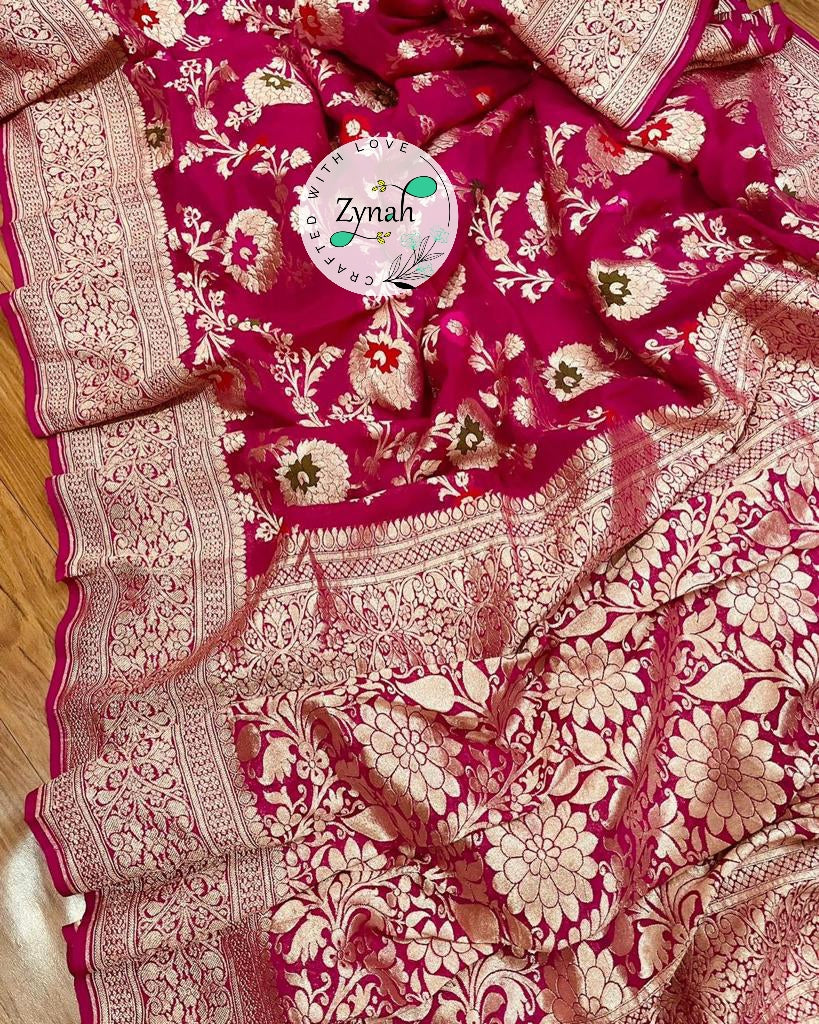 Zynah Pink Color Pure Khaddi Georgette Banarasi Saree with Golden Zari & Meenakari Weaved Motifs; Custom Stitched/Ready-made Blouse, Fall, Petticoat; Shipping available USA, Worldwide