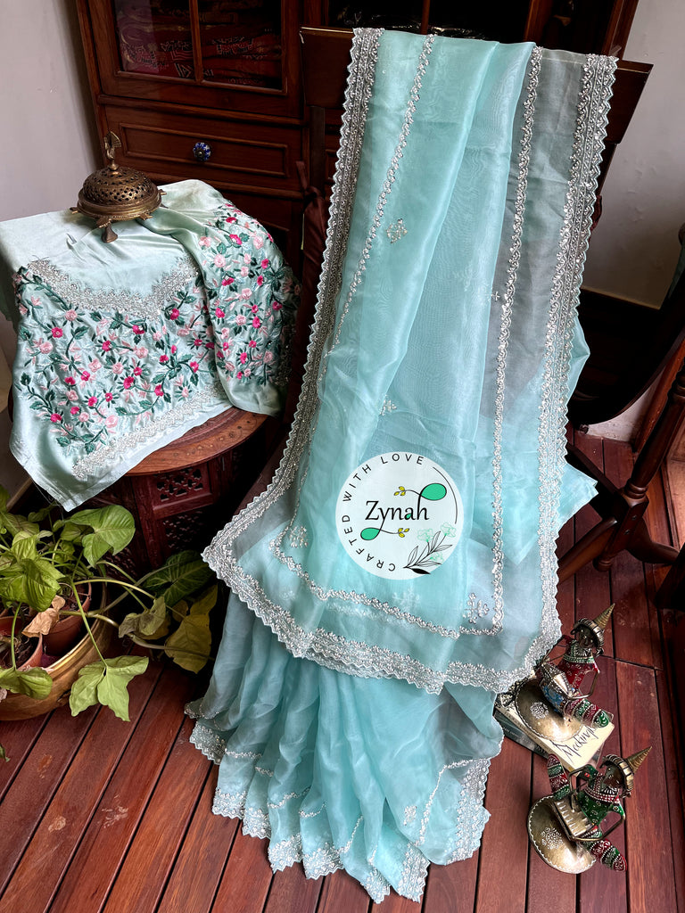 Zynah Sea Green Color Pure Organza Silk Saree with Sequence, Pearls & Cut-dana Work; Custom Stitched/Ready-made Blouse, Fall, Petticoat; Shipping available USA, Worldwide