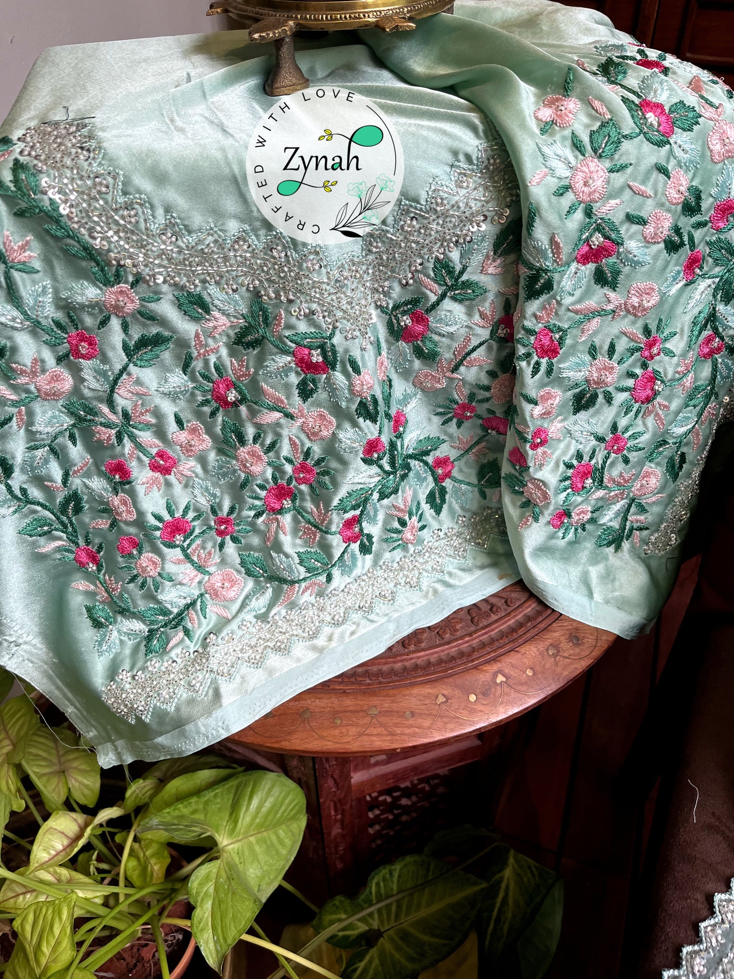 Zynah Sea Green Color Pure Organza Silk Saree with Sequence, Pearls & Cut-dana Work; Custom Stitched/Ready-made Blouse, Fall, Petticoat; Shipping available USA, Worldwide