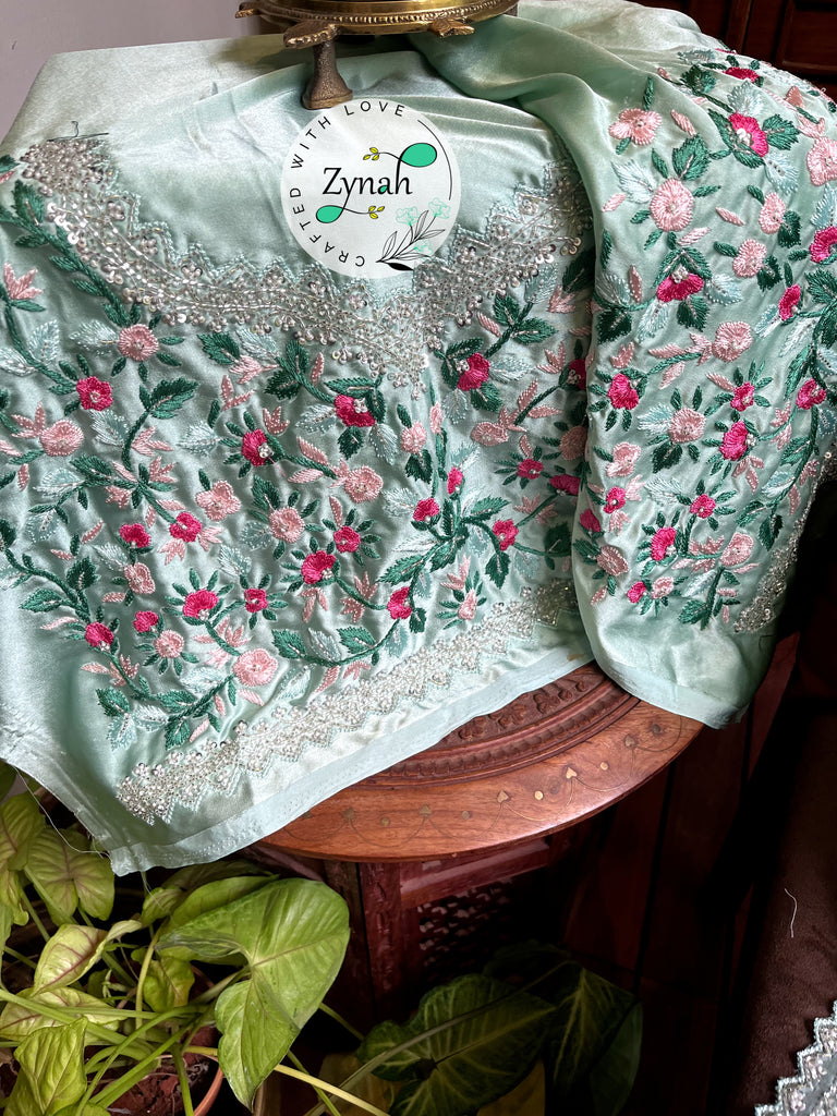 Zynah Sea Green Color Pure Organza Silk Saree with Sequence, Pearls & Cut-dana Work; Custom Stitched/Ready-made Blouse, Fall, Petticoat; Shipping available USA, Worldwide