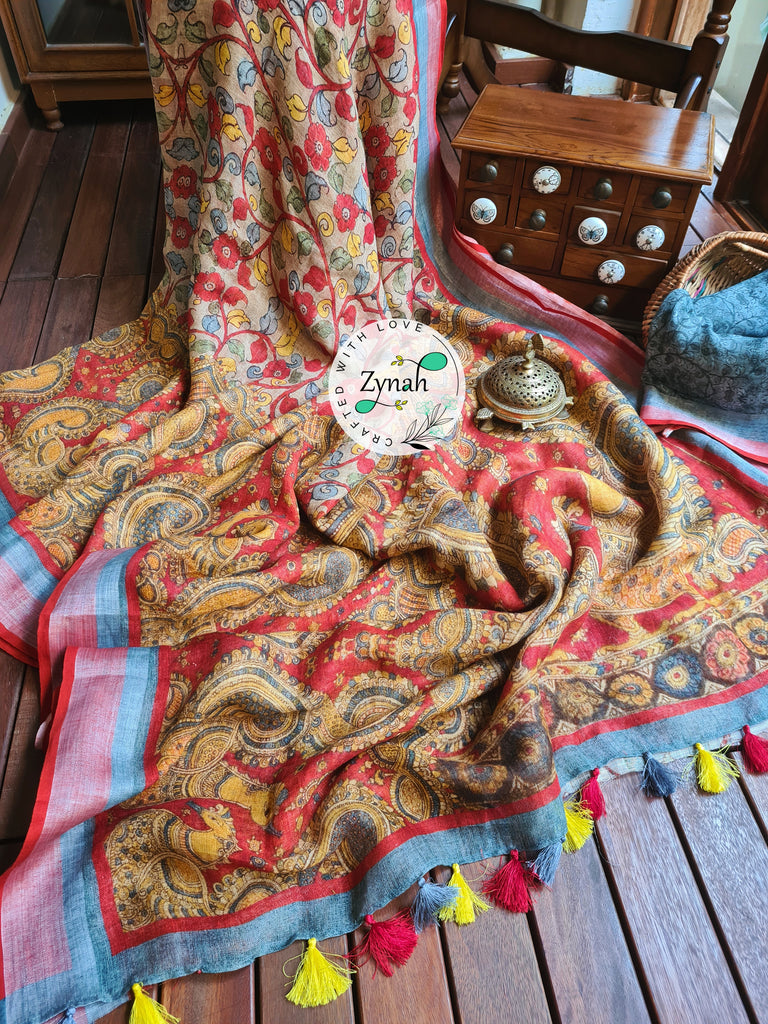 Zynah Beige Color Kalamkari Organic Lab Tested 120 Count pure 'Linen by Linen' Saree; Custom Stitched/Ready-made Blouse, Fall, Petticoat; Shipping available USA, Worldwide
